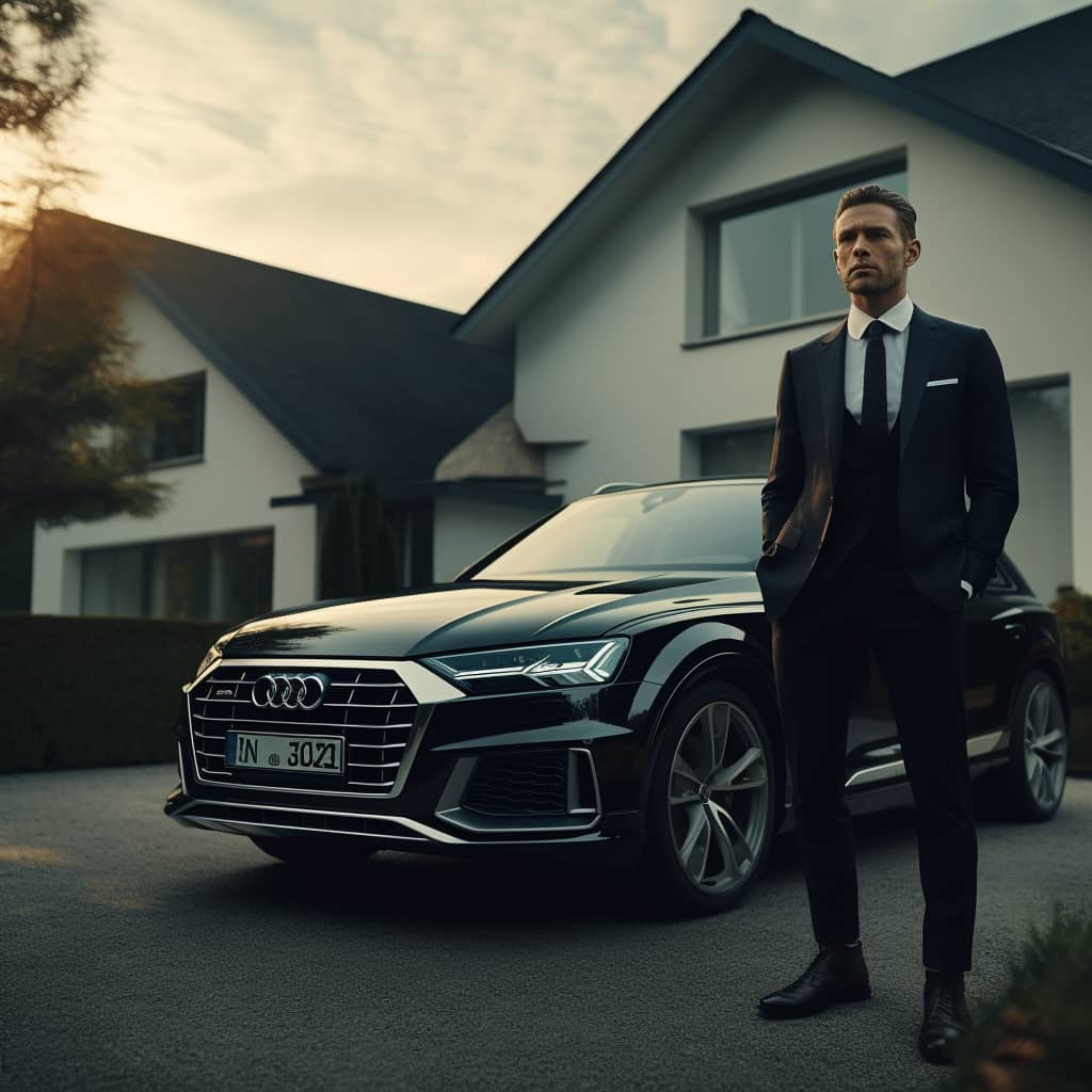 A man in a business suit standing next to an Audi Q4 EV.