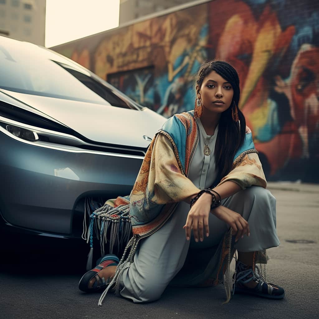 EV owner in her eearly 20s sitting in front of her vehicle.