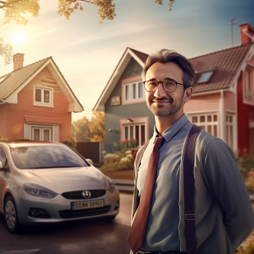A man wearing a shirt and tie stands next to a Dacia electric vehicle.