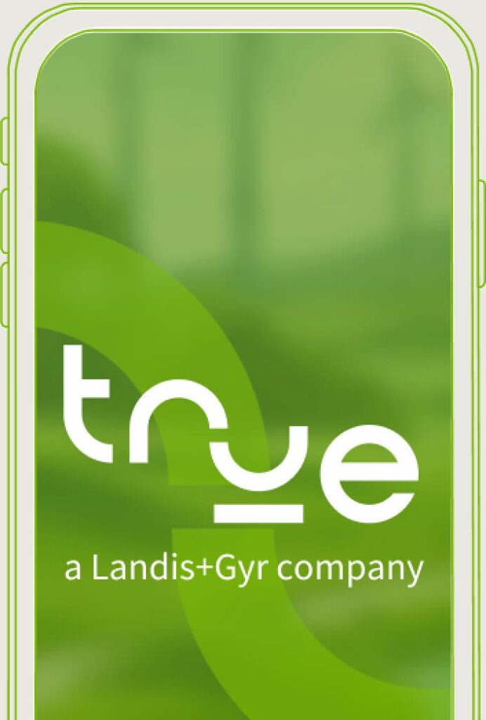 True Energy logo on a outline of an app on a smartphone.