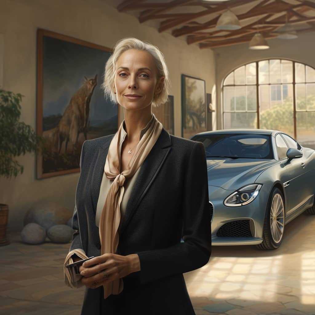Jaguar EV Owner in an art gallery with a Jaguar EV parked behind her.