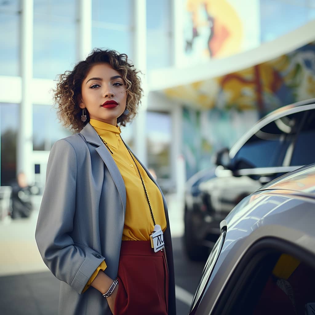KIA EV owner in bright clothes next to a KIA ev.