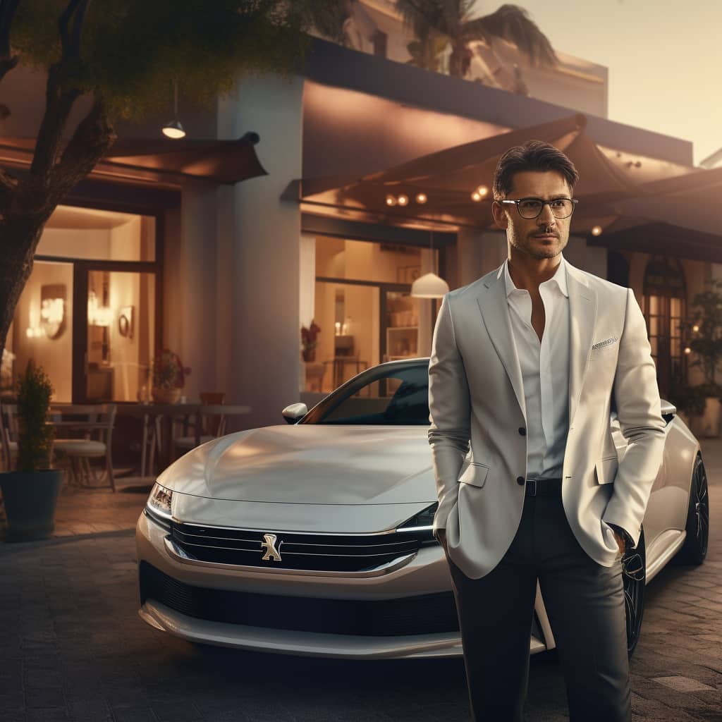Peugeot EV owner with the car behind him and a restaurant behind the car.