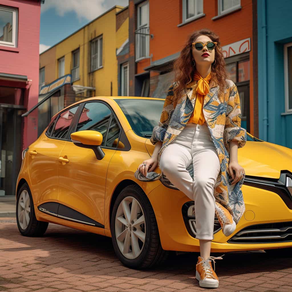 Renault Megane owner in stylsih outfit sitting on the front of the vehicle.