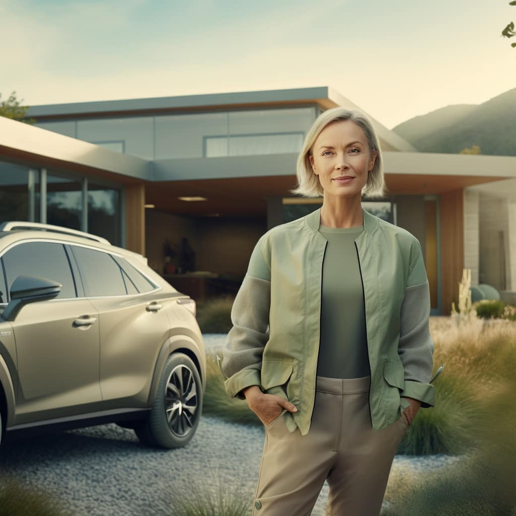 Toyota EV owner standing outside her house with the electric vehicle in the background