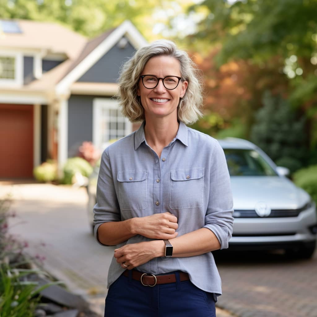 A VW ID.4 owner standing outside a blue house with her EV parked outside.