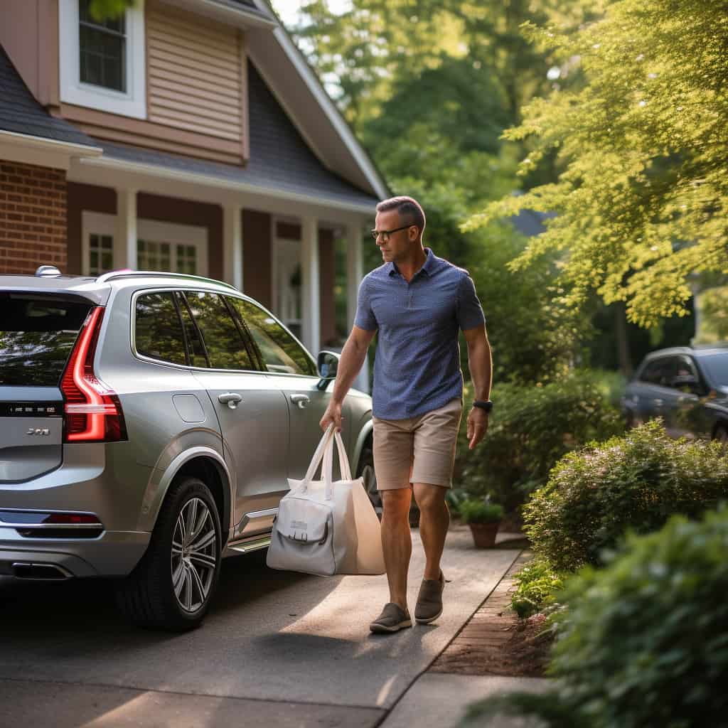 Volvo EV owner taking groceries in from the car