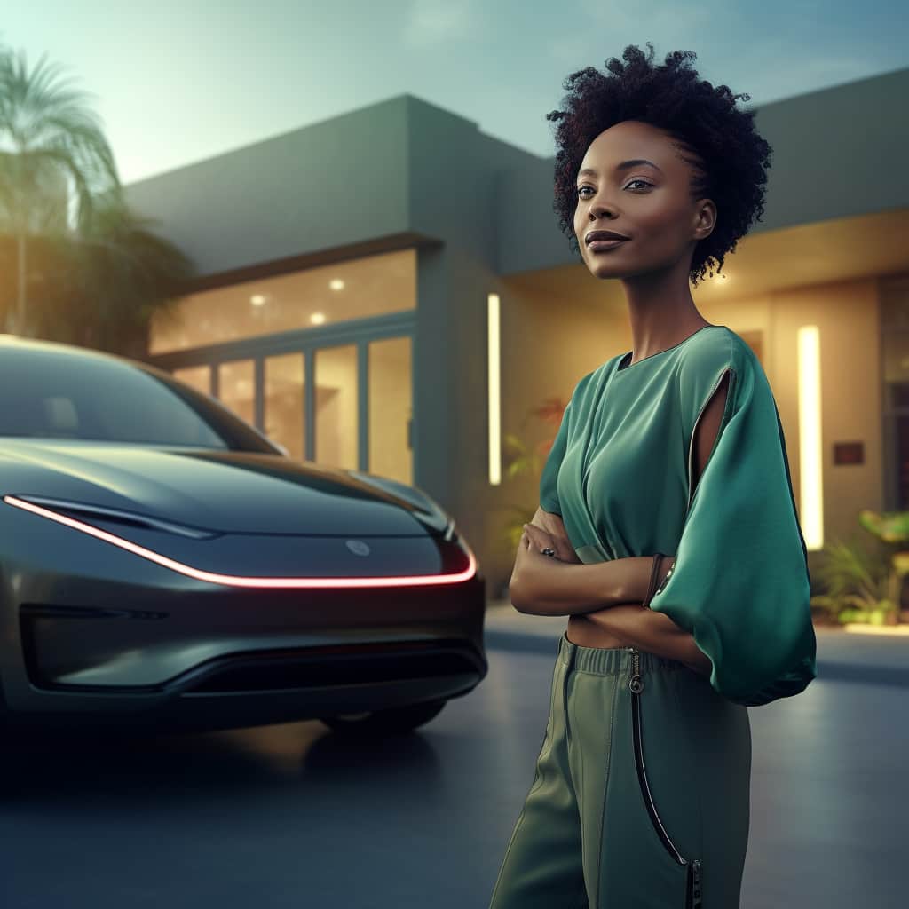 A Xpeng EV owner standing next to her vehicle.